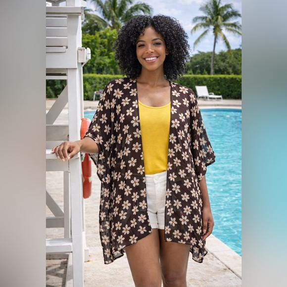 One size Brown Floral Swim Cover-Up Kimono - Picture 3 of 3